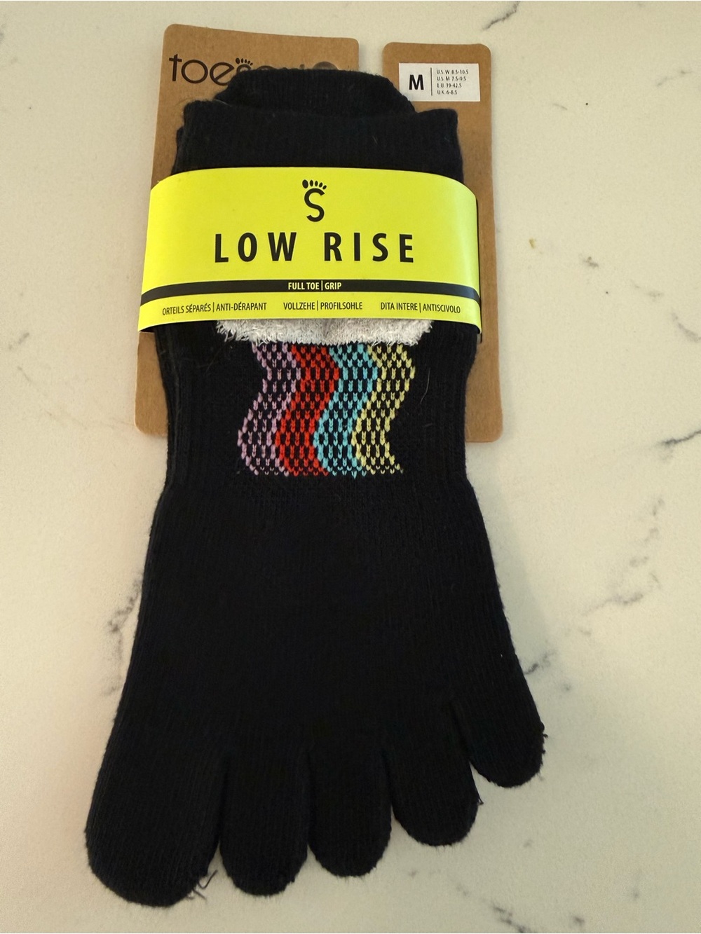 toesox Low Rise Black Full Toe Grip Gloves with Multicolor Chevron Accent